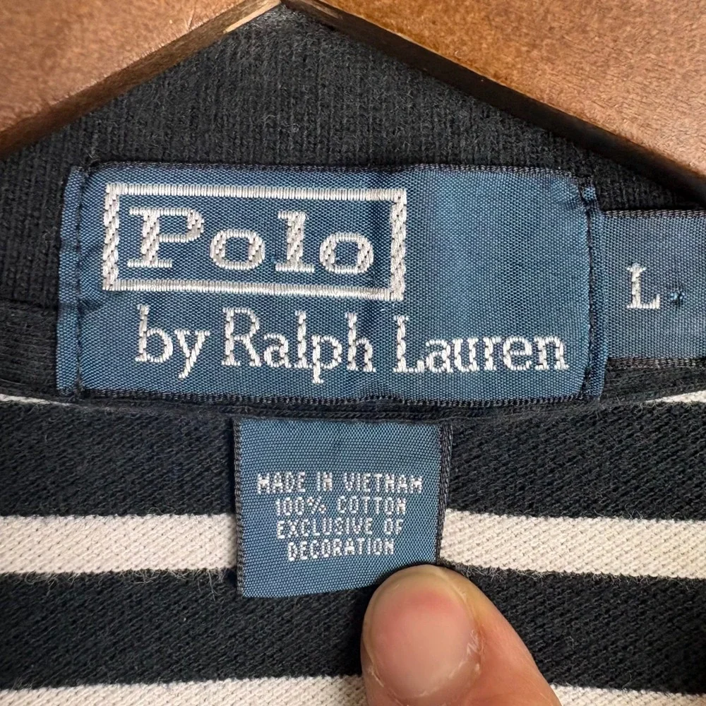 Polo Ralph Lauren Polo Shirt Mens L Black White Striped Short Sleeve Pony Logo